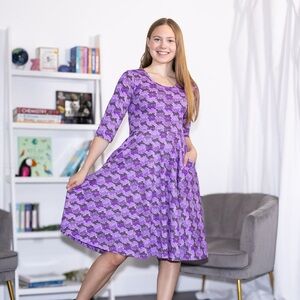 Svaha USA Purple Cats Tessellation 3/4th Sleeves Twirl Dress, Size Large